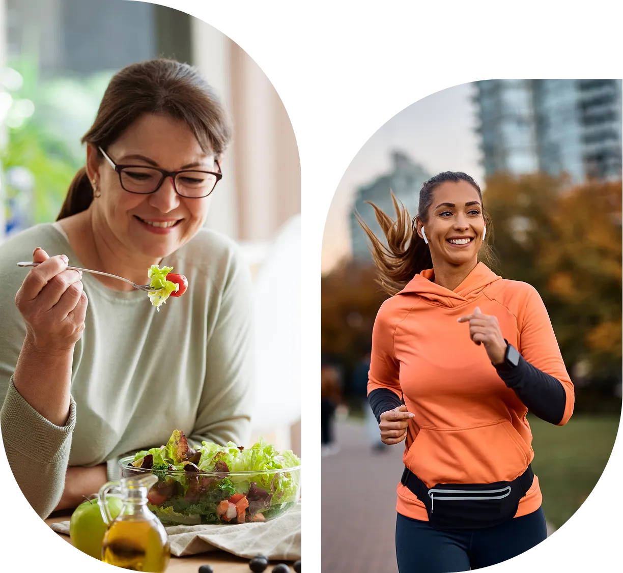 Woman eating salad, another jogging outdoors.